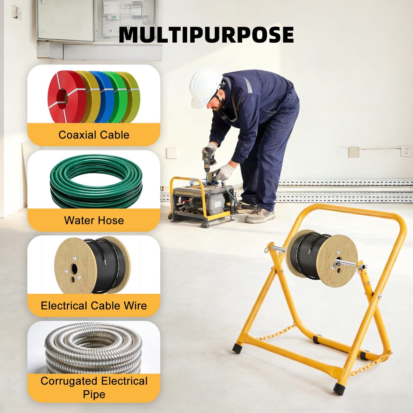 Single Axle Cable Caddy, Portable Wire/Spool Dispenser for Reels up to 20" Diameter & 100 lb Capacity, for Electrical & Industrial Use, Yellow