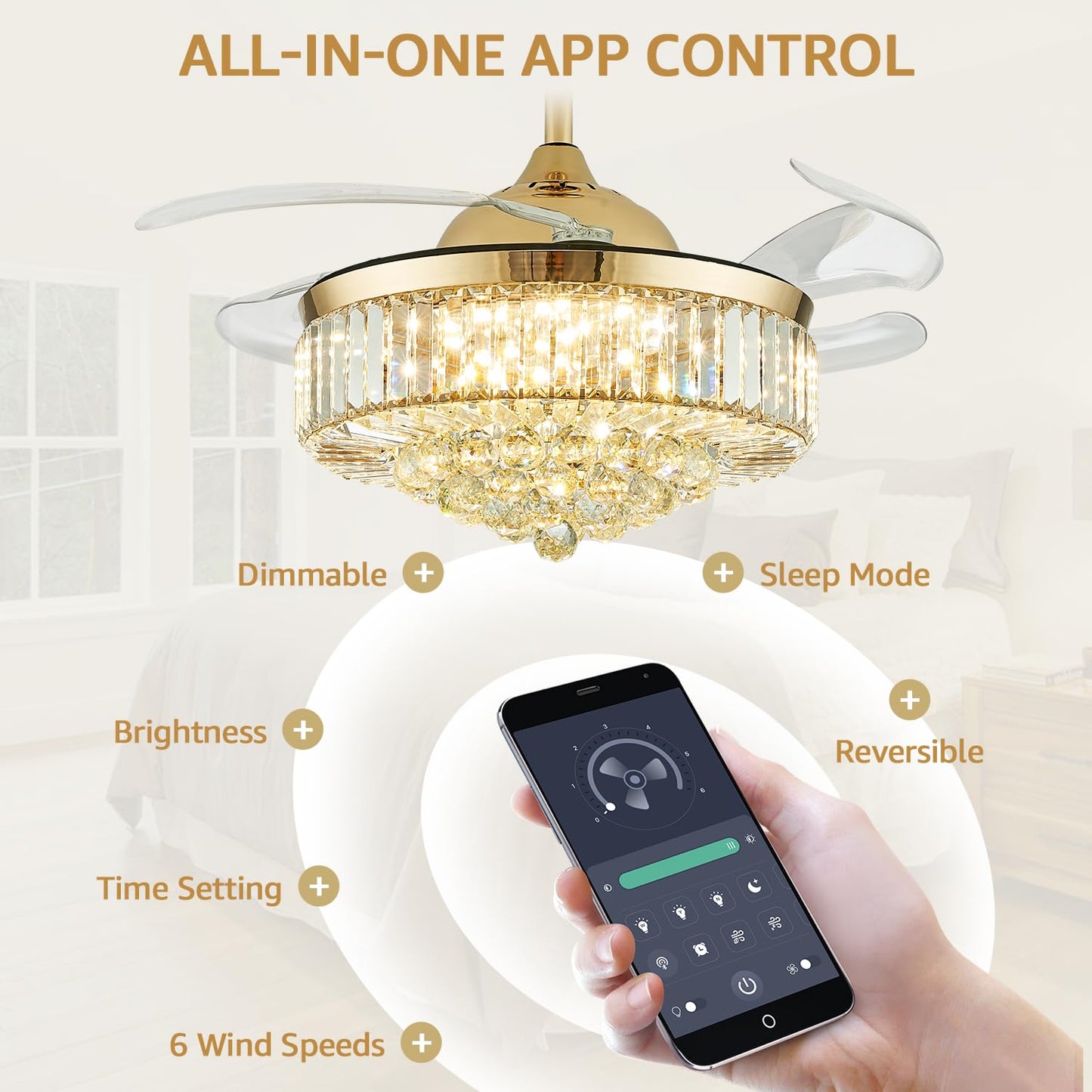 MOOONICHE 42 Inch Crystal Ceiling Fan with Light and Remote Modern Gold Dimmable Fandelier Invisible Retractable Chandelier Fan for Bedroom Living