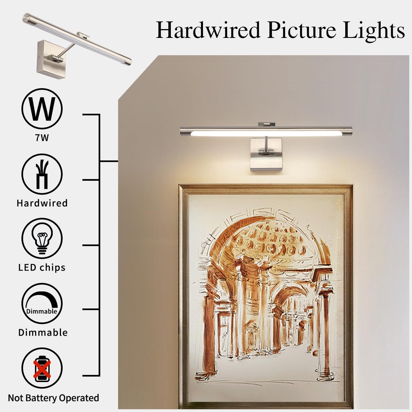 Joosenhouse LED Picture Lights Hardwired Dimmable 16.53" Inch Artwork Display Lamp with Swing Arm 7W(45W Eqv.), Hardwired Connection, 3000K Warm