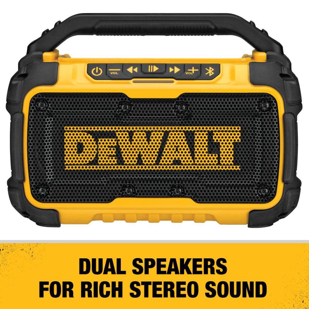 DEWALT 20V MAX Bluetooth Speaker, 100 ft Range, Durable for Jobsites, Phone Holder Included, Lasts 8-10 Hours with Single Charge (DCR010)