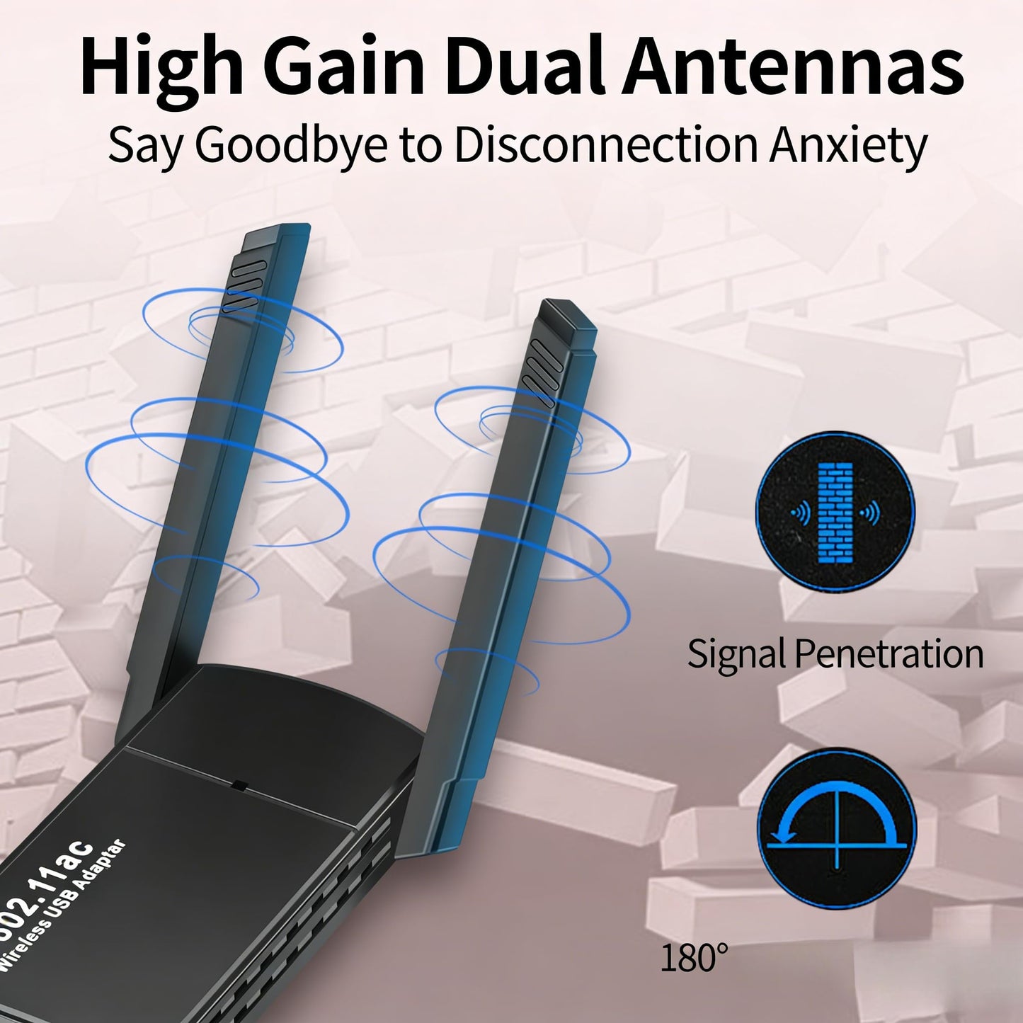 1300Mbps Wireless WiFi Adapter, USB3.0 WiFi Dongle 2.4G/5G 802.11AC Network Adapter Receiver with High Gain Antenna for Desktop Laptop PC