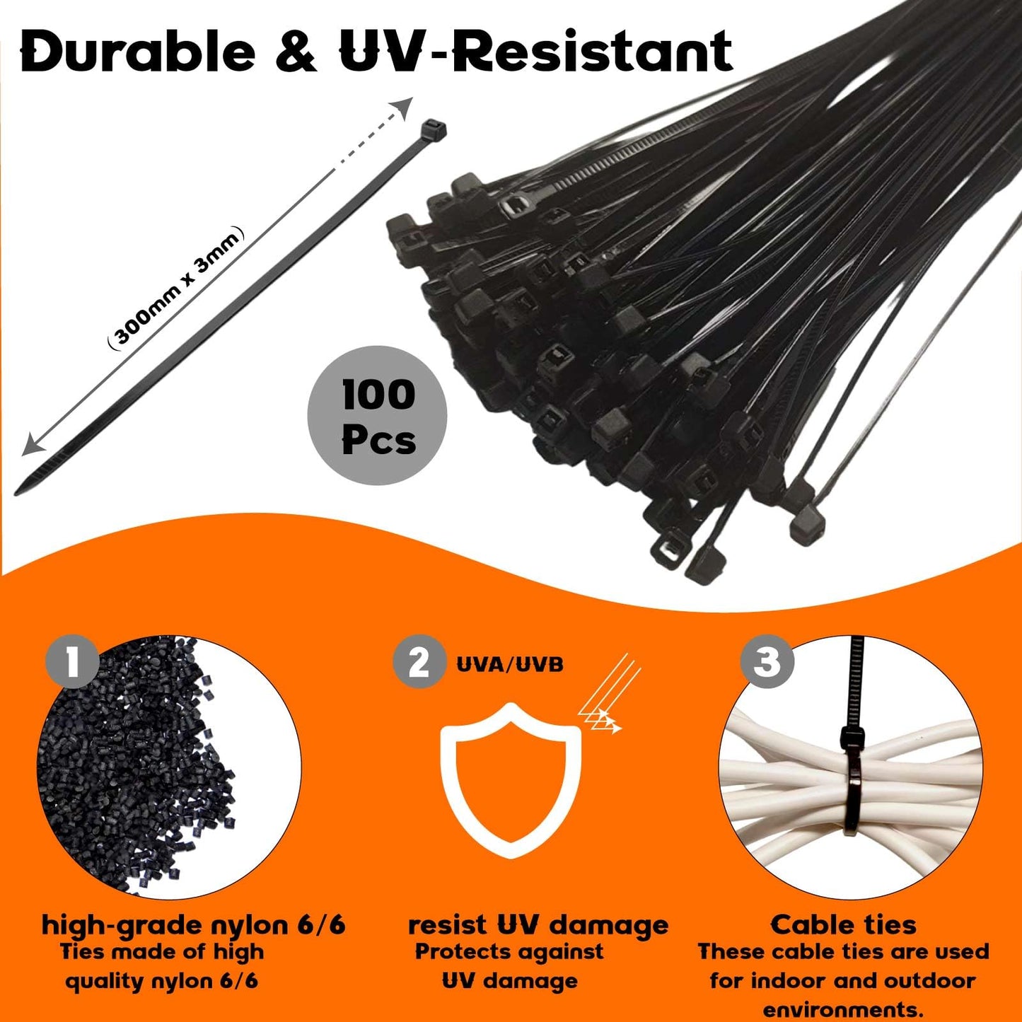ZFFKZ 100 Pcs Black Cable Ties, 300mm x 3mm, UV-Resistant Nylon, Self-Locking Heavy Duty Cable Ties for Office, Garden, Packaging,Home and Event