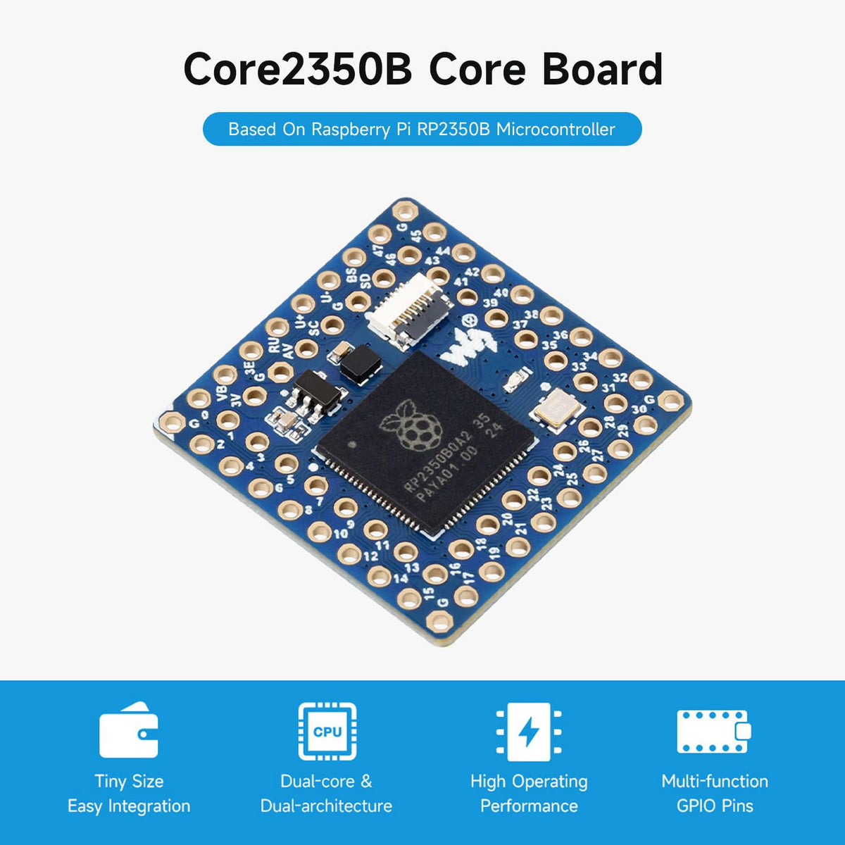 Waveshare Core2350B Core Board, Based On Raspberry Pi RP2350B Dual-core & Dual-Architecture Microcontroller, Operating Frequency Up to 150MHz, 2MB