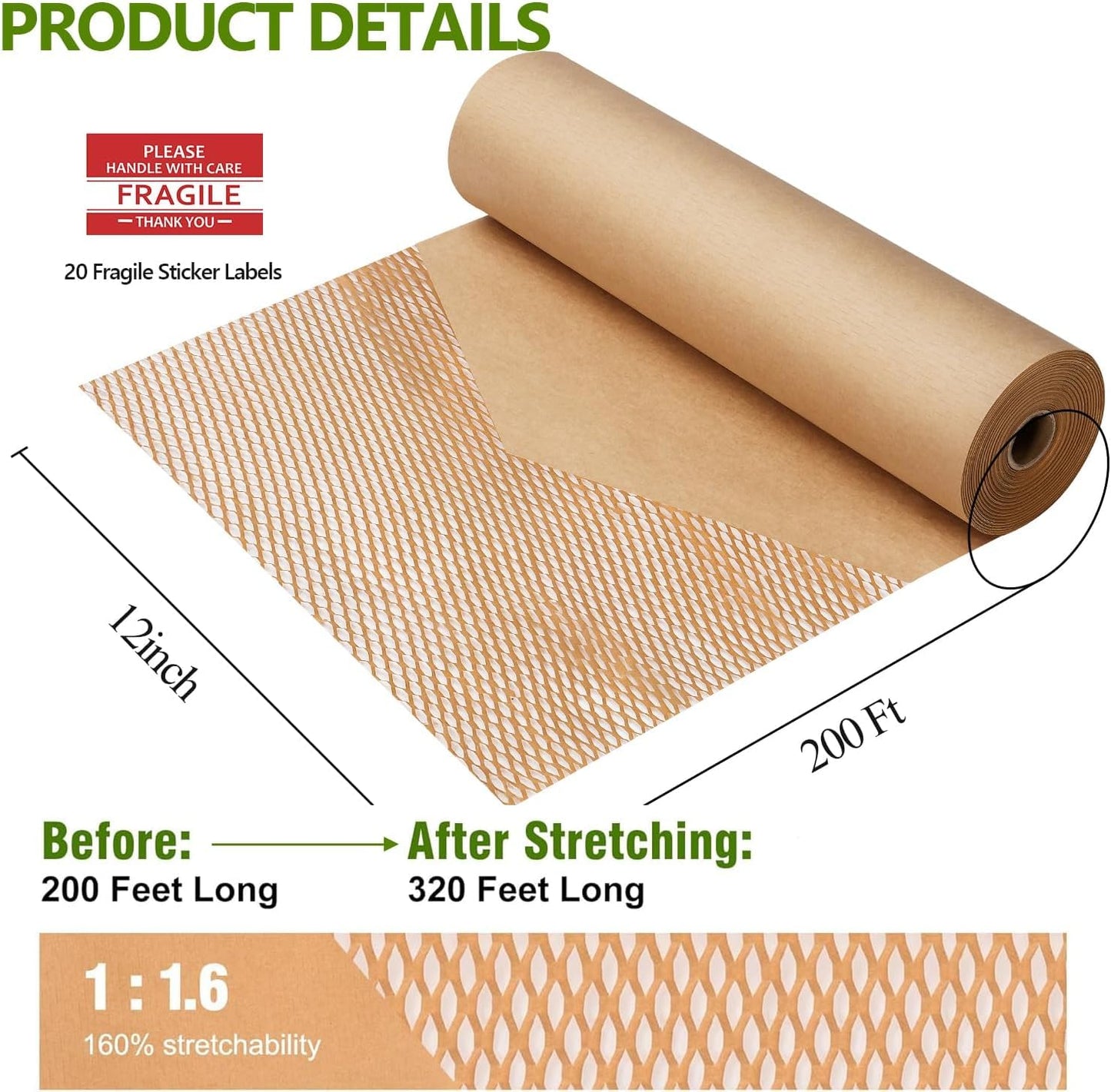 Honeycomb Packing Paper,12 inch x 200 ft Bubble Cushioning Wrap for Packing Moving,Products Gifts Wrapping Paper,Recyclable and Biodegradable Shipping