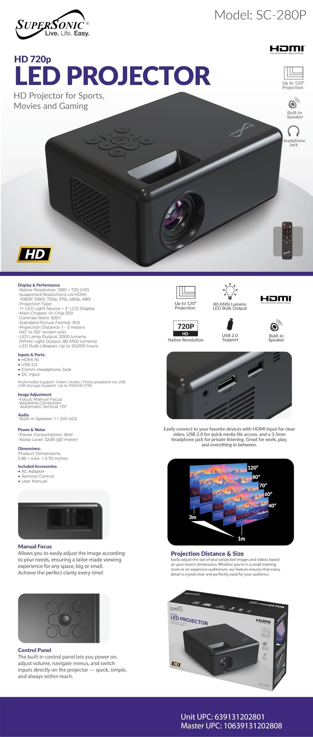 Supersonic SC-280P HD 720P LED Projector with 1280×720 Native Resolution, 1080P Support via HDMI, 16:9 Format, 120? Display, 2000 Lumens LED, USB