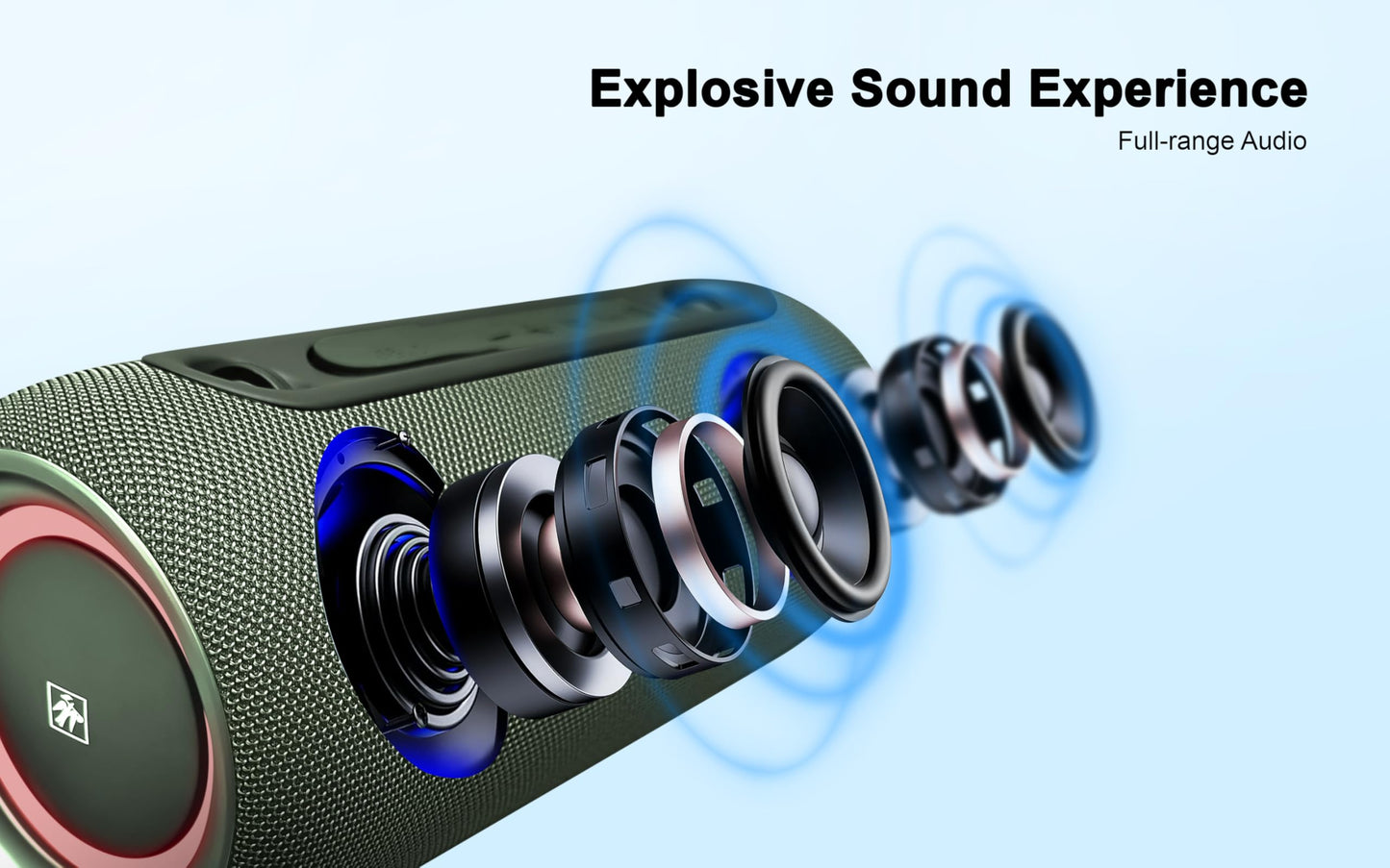 Fisher Portable Bluetooth Speaker IPX5 Waterproof Speaker, 26W PEAK Power Bluetooth Stereo, 7H Playtime, LED Lights, TWS, BT 5.3, Built-in Mic, Hands