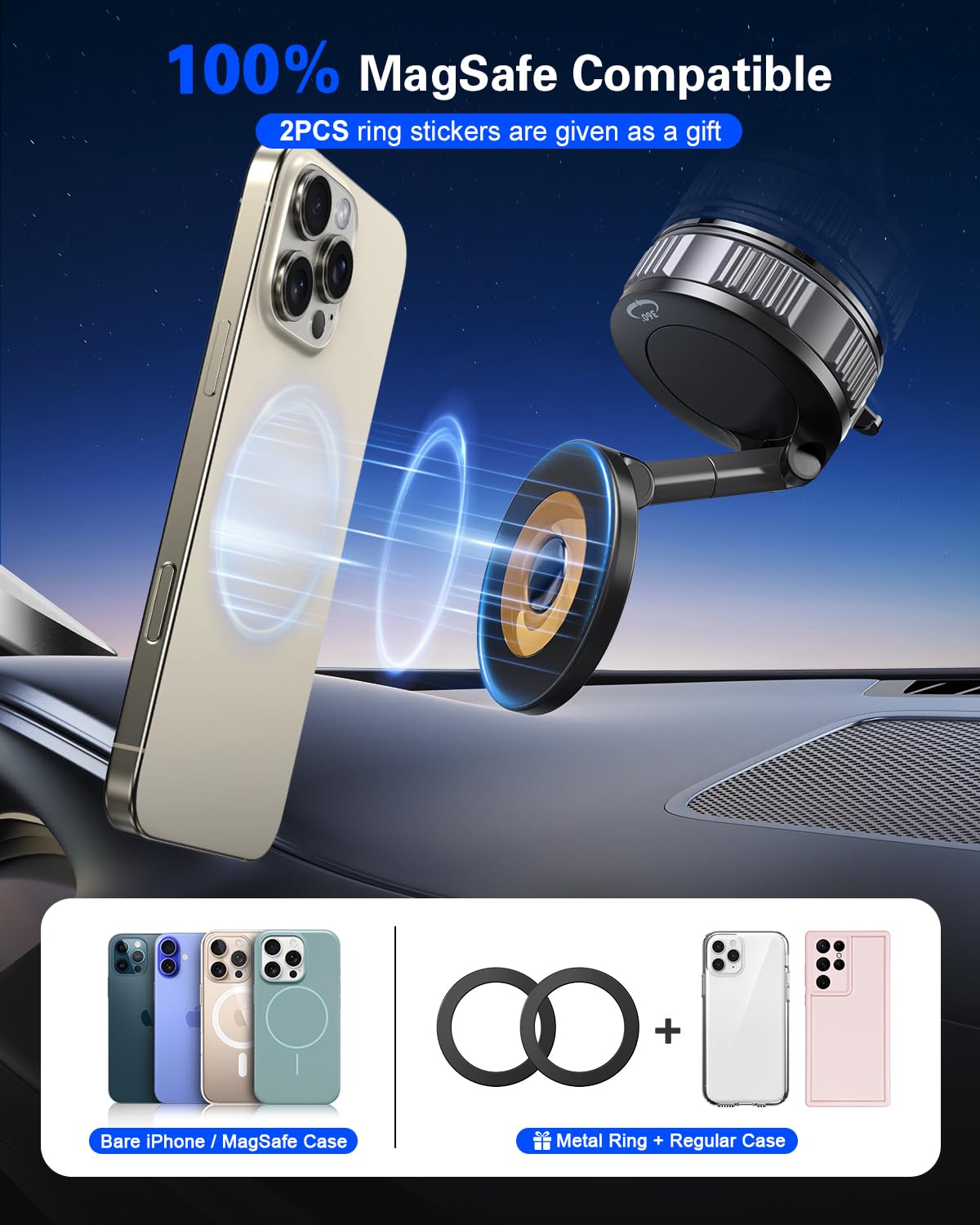 Dashboard Suction Cup Phone Mount for Magsafe: Dual Rotatable 360°Adjustable Nano Gel Vacuum Magnetic Phone Holder for Vehicle Screen Windshield Dash