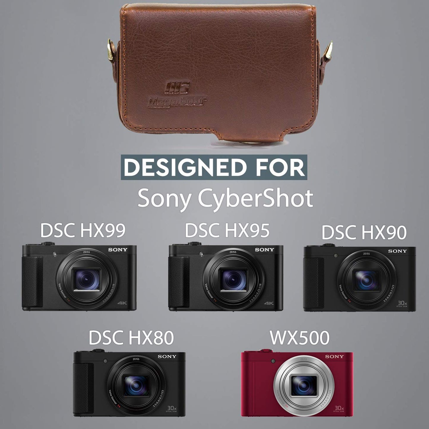 MegaGear MG1144 Leather Camera Case with Strap compatible with Sony Cyber-shot DSC-HX95, DSC-HX99, DSC-HX80, DSC-HX90V, DSC-WX500 - Dark Brown
