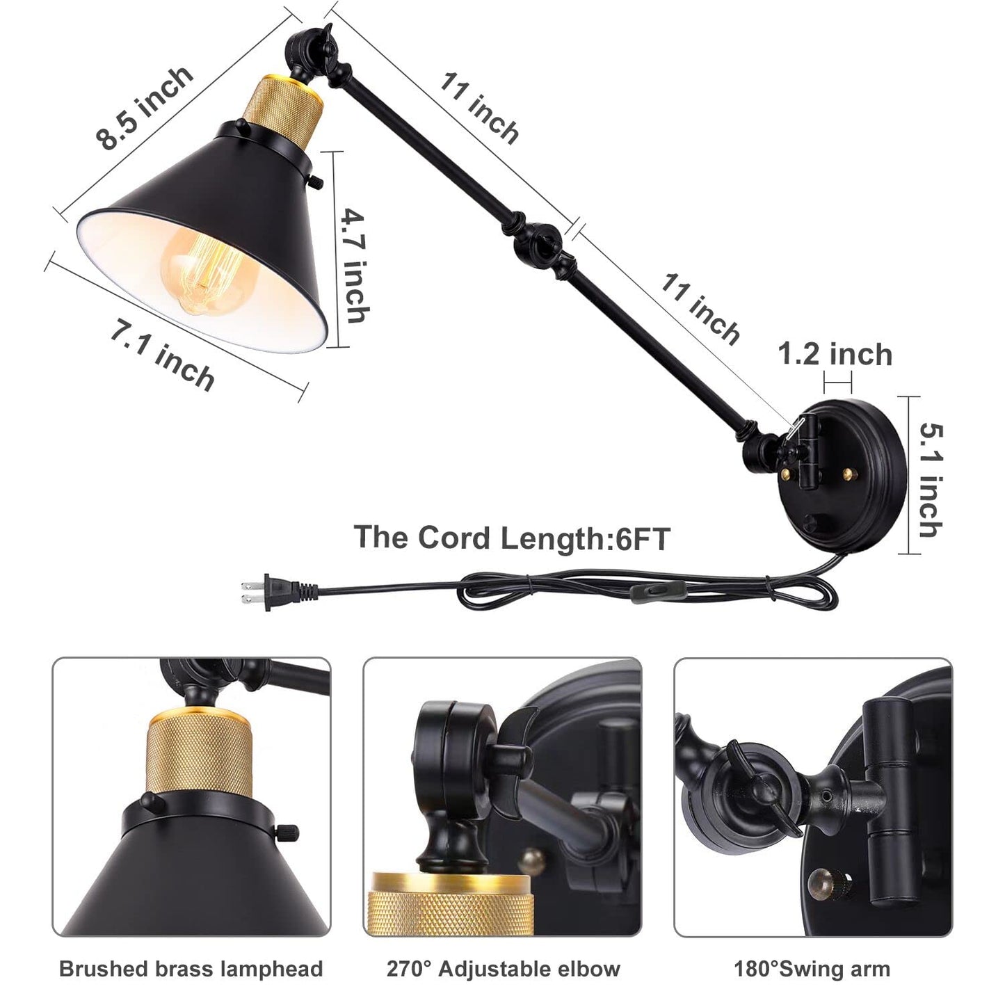 TRLIFE Wall Sconce Plug in, Dimmable Wall Sconce with Switch Swing Arm Wall Lights Plug in Wall Mounted Light Wall Sconces Lighting with 6FT Plug in