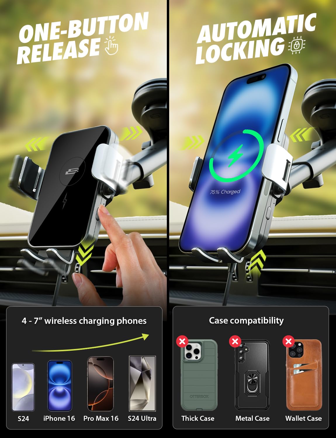 Bracketron PwrUp 15W Qi Fast Wireless Car Charger Mount - Dashboard, Windshield & Air Vent Phone Holder with Automatic Clamping, USB-C Cable