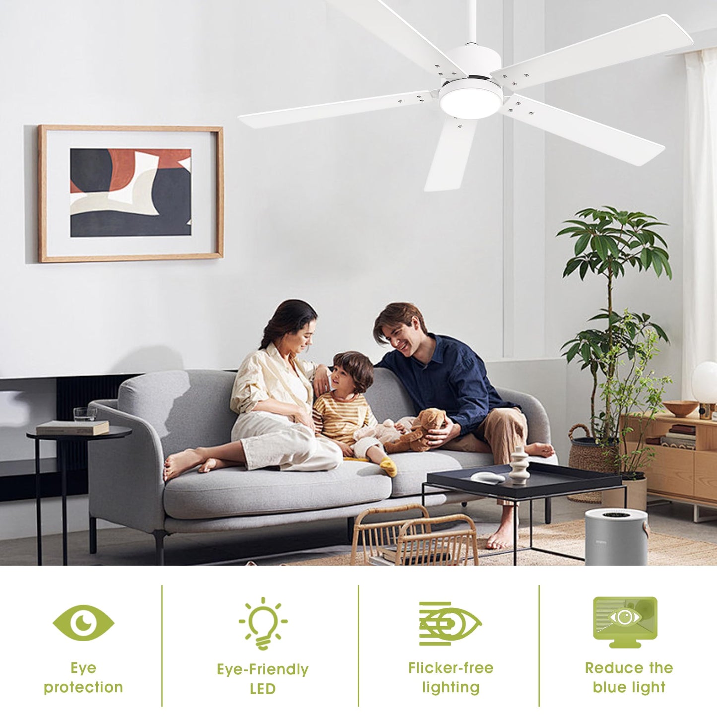 Vaczon Ceiling Fans with Lights and Remote - 52 Inch Modern Cooling Fan with Noiseless Reversible DC Motor Timer White Ceiling Fan for Bedroom Living