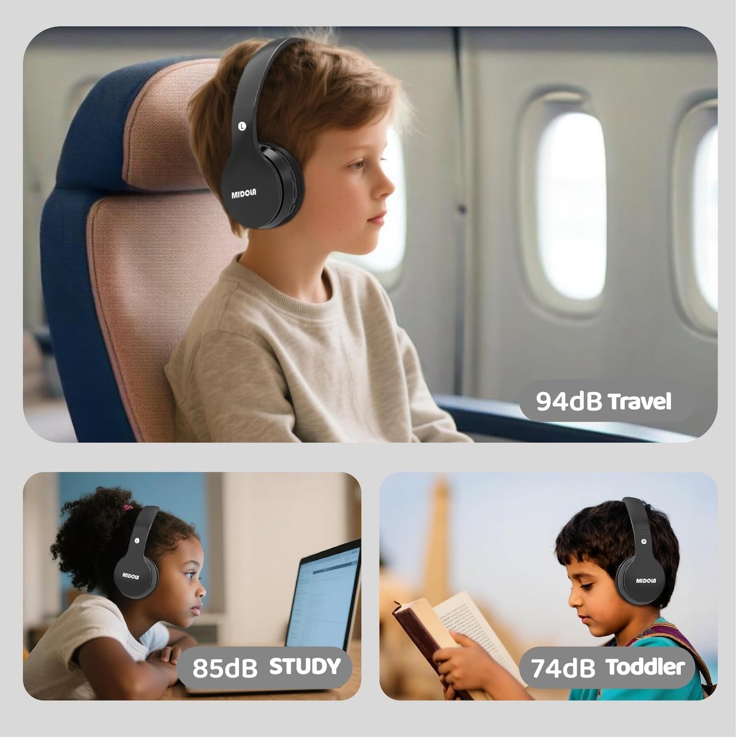MIDOLA Kids Headphones Bluetooth 5.4 Wireless 68H Play Time Volume Limit 85/94dB Over-Ear Foldable Headset,Type-C Fast Charging,with Wired Aux Mic…