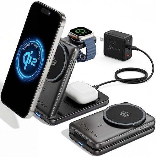 SureTech Qi2.2 Certified 3-in-1 Foldable Wireless Charging Station for Apple Devices with 65W Adapter, 25W Fast Charging Dock, Portable Magnetic