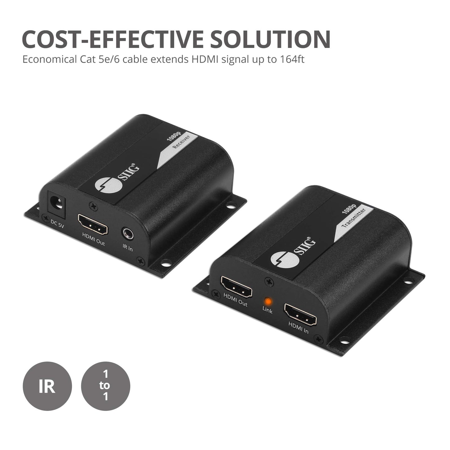 SIIG 1080p HDMI Extender Over Cat5e/6 165ft 1080p - HDMI Ethernet Extender, HDMI Loopout, IR Extension, Stereo Audio, Low Latency (CE-H26011-S1)