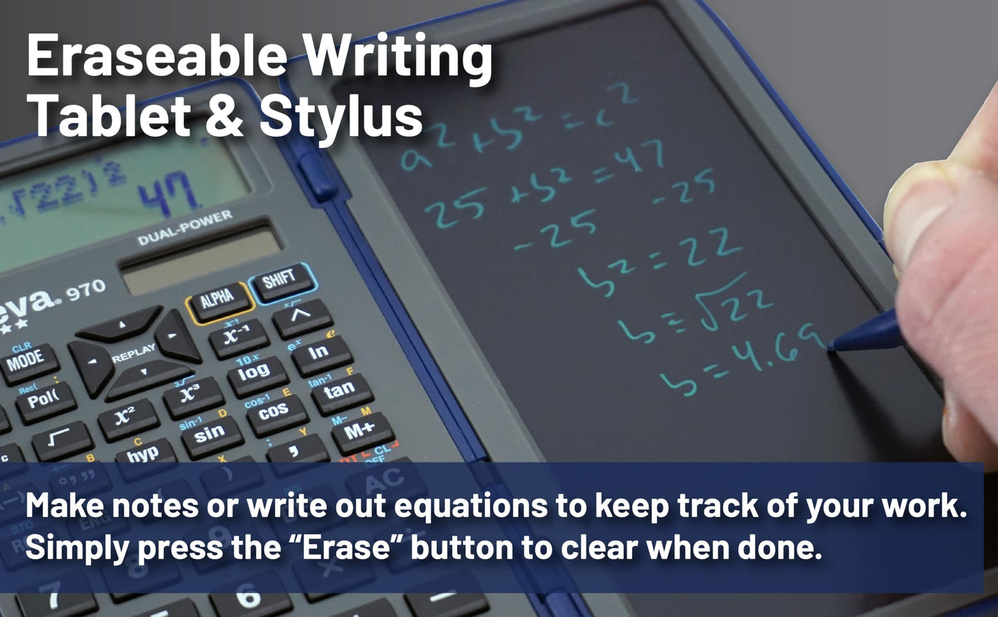 Achieva Scientific Calculator with Erasable LCD Writing Tablet | 2-Line Display | Dual Solar & Battery Power | for Students in Middle School, High
