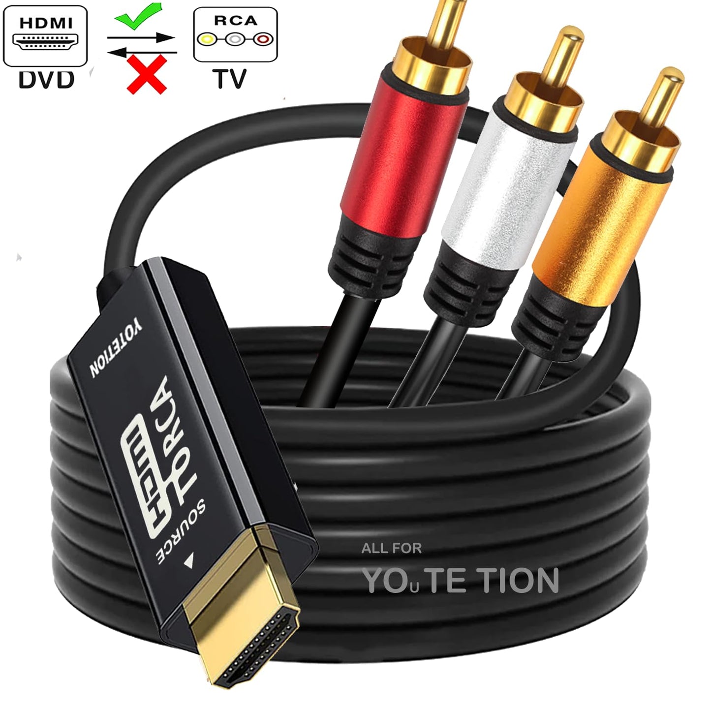 YOTETION HDMI to RCA Cable 6FT with IC, 6FT HDMI Male to 3-RCA,HD to AV Video Audio Component Converter Adapter 1080P Cable for TV HDTV DVD