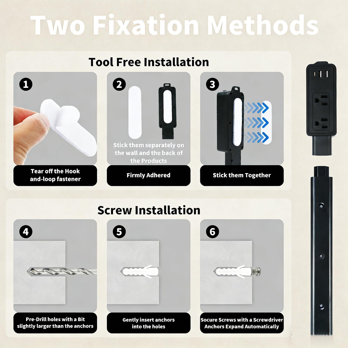Hard-to-Reach Outlet Extender Stick, Extendable 8.3-36.1 in Slim Wall Outlet Extender with 2 AC Outlets, 2 USB-A & 1 USB-C, Low-Profile Power Stick