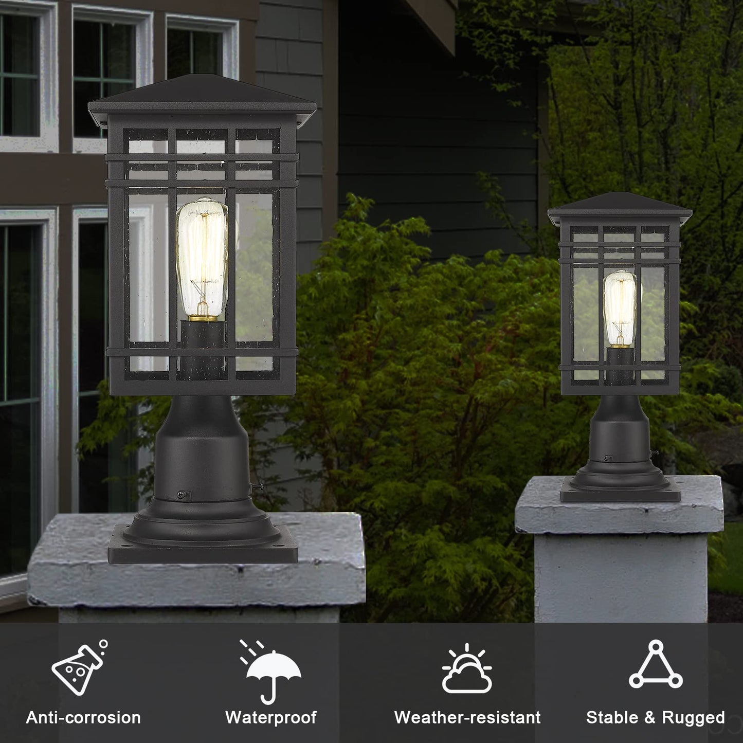 Rosient Outdoor Post Lights Fixture - Exterior Post Lantern with Seeded Glass in Black Finish - Pillar Light Ideal for Patio, Pathway, and Driveway