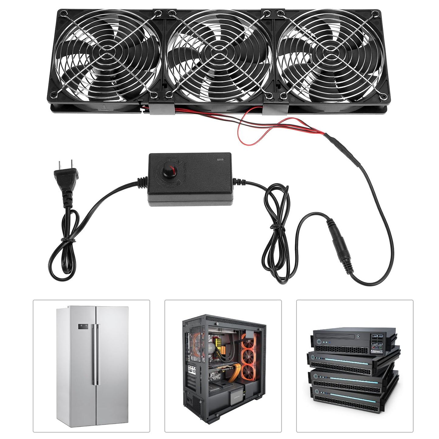 QWORK Dual Ball 120mm Triple Cooling Fan Kit with Variable Speed Controller, AC Plug DC 12V, 62 CFM, Dual-Ball Bearings
