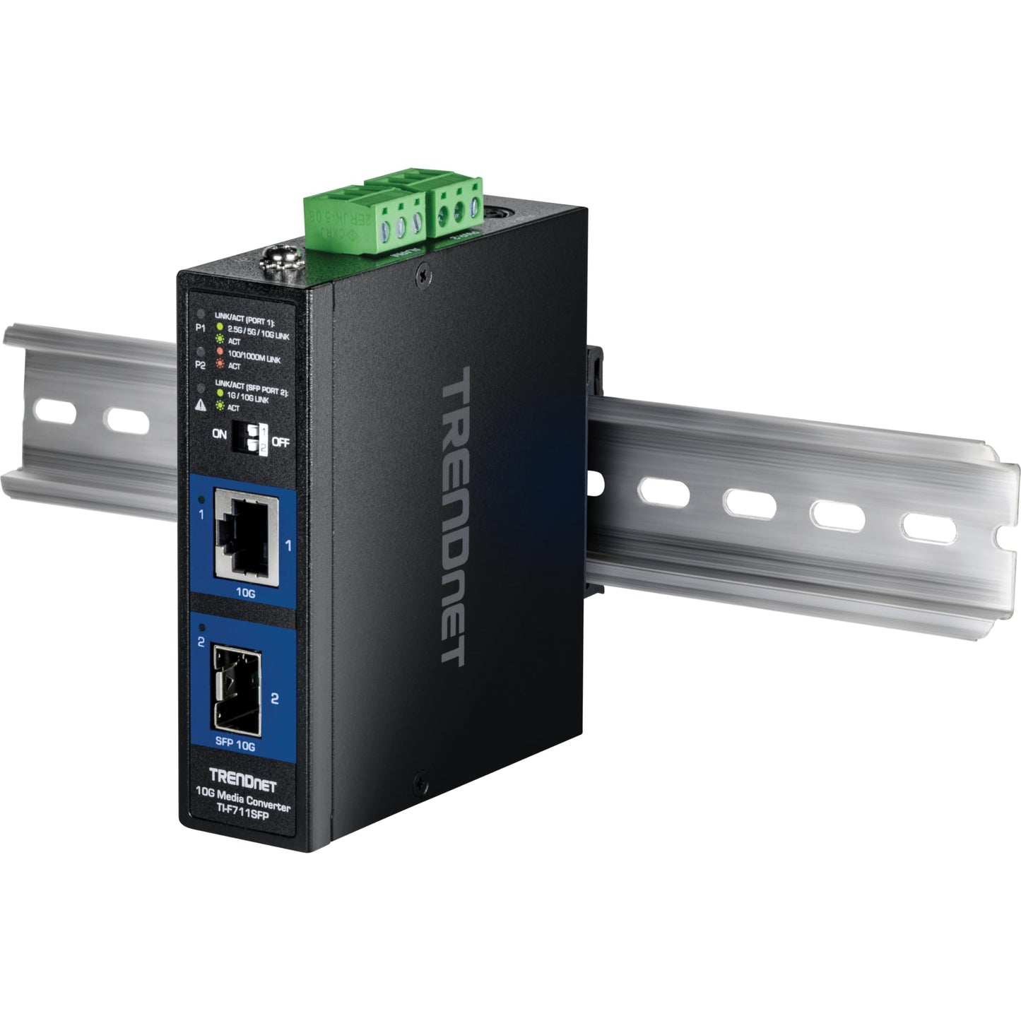 TRENDnet Industrial 10G SFP+ Media Converter, TI-F711SFP, Extreme Temperature IP50 Rated, Ethernet Splitter, DIN-Rail and Wall Mounts Included, NDAA