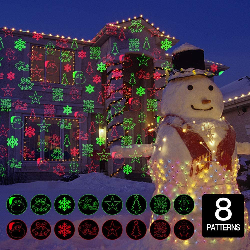 Christmas Laser Projector Lights, 8 Patterns LED Projection Lights with Remote, Landscape Projector Spotlights, Red and Green Star Show, Decoration