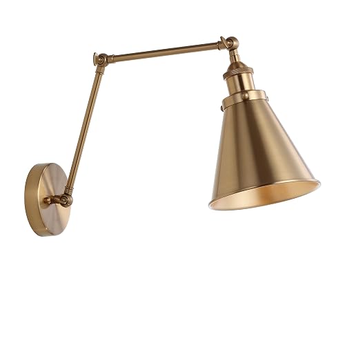 JONATHAN Y 7" Brass Gold Classic Industrial Metal Adjustable Arm LED Wall Sconce for Bedside Reading, Farmhouse Swing Arm Wall Lamp with Metal Shade