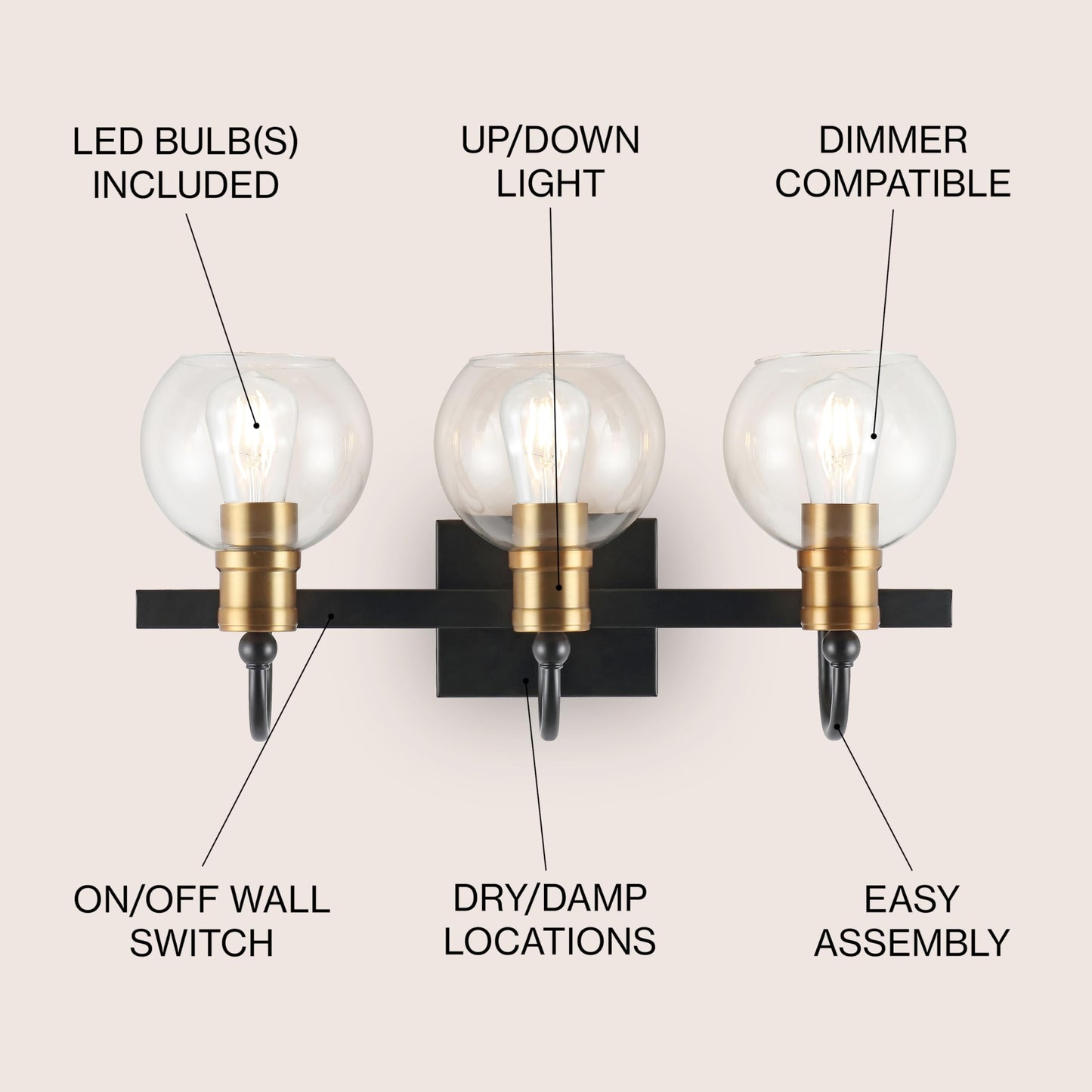 JONATHAN Y 21.5" Black/Brass Gold Vintage Wall Sconce, LED Vanity Light for Bathroom Bedroom Entryway, Clear Glass Globe Shade, Modern Industrial