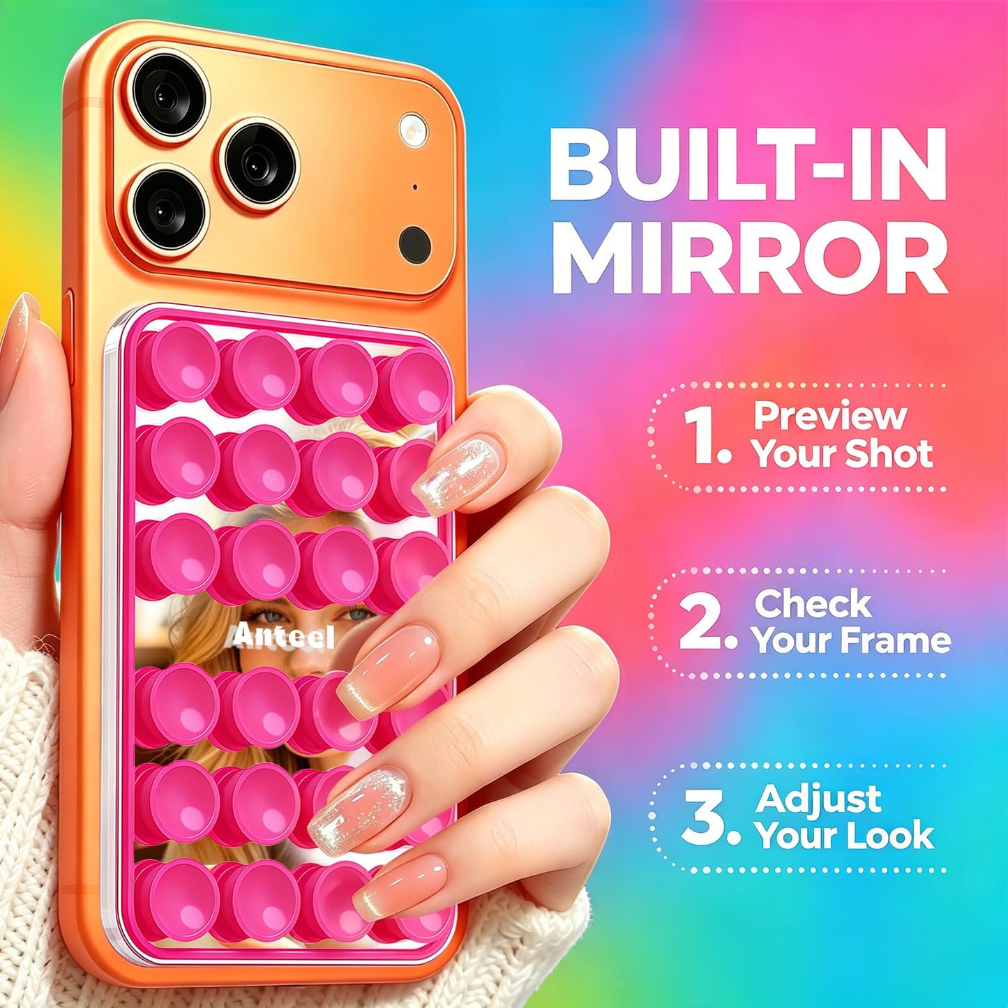 Anteel Magnetic Suction Cup Phone Case Mount with Built-in Mirror, Magnetic Back with Additional Mirror Effect, Thickened and Enhanced Suction Power