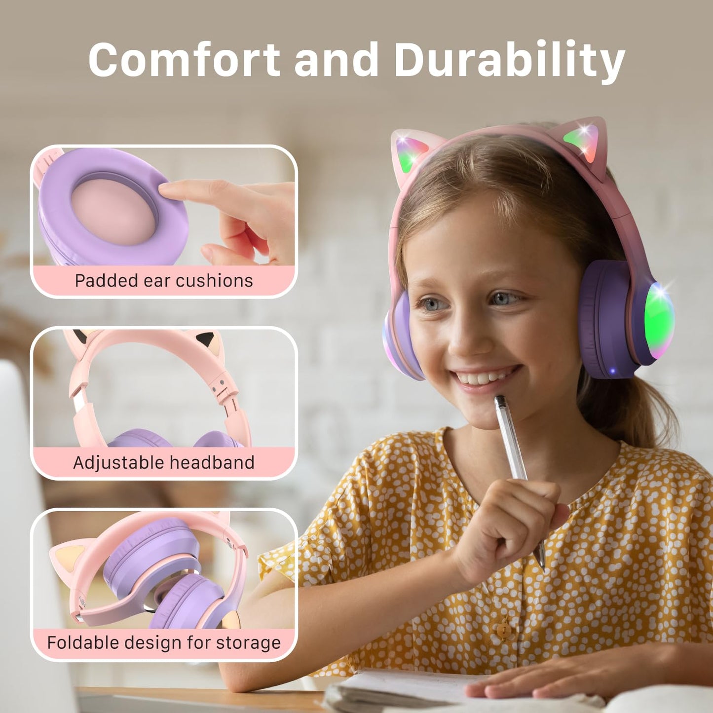 FosPower Kids Bluetooth 5.2 Headphones with LED Cat Ears (85/94dB Safe Volume Limit) Foldable Wireless or Wired Headset with 100hr Play Time…
