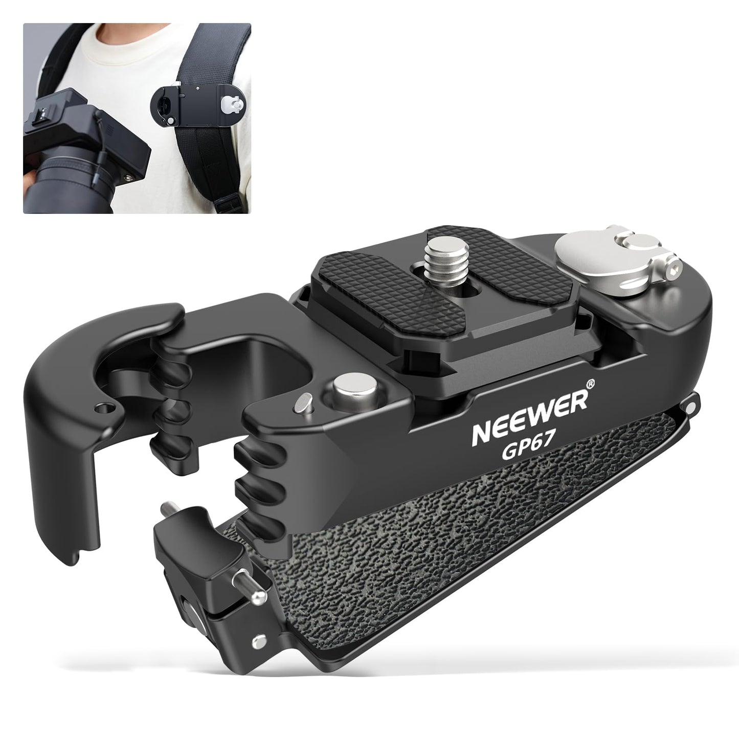 NEEWER Backpack Camera Clip Mount with Square QR Plate, Upgraded Safety Latch, Quick Release Camera Belt Clip Backpack Strap Compatible with PD QR