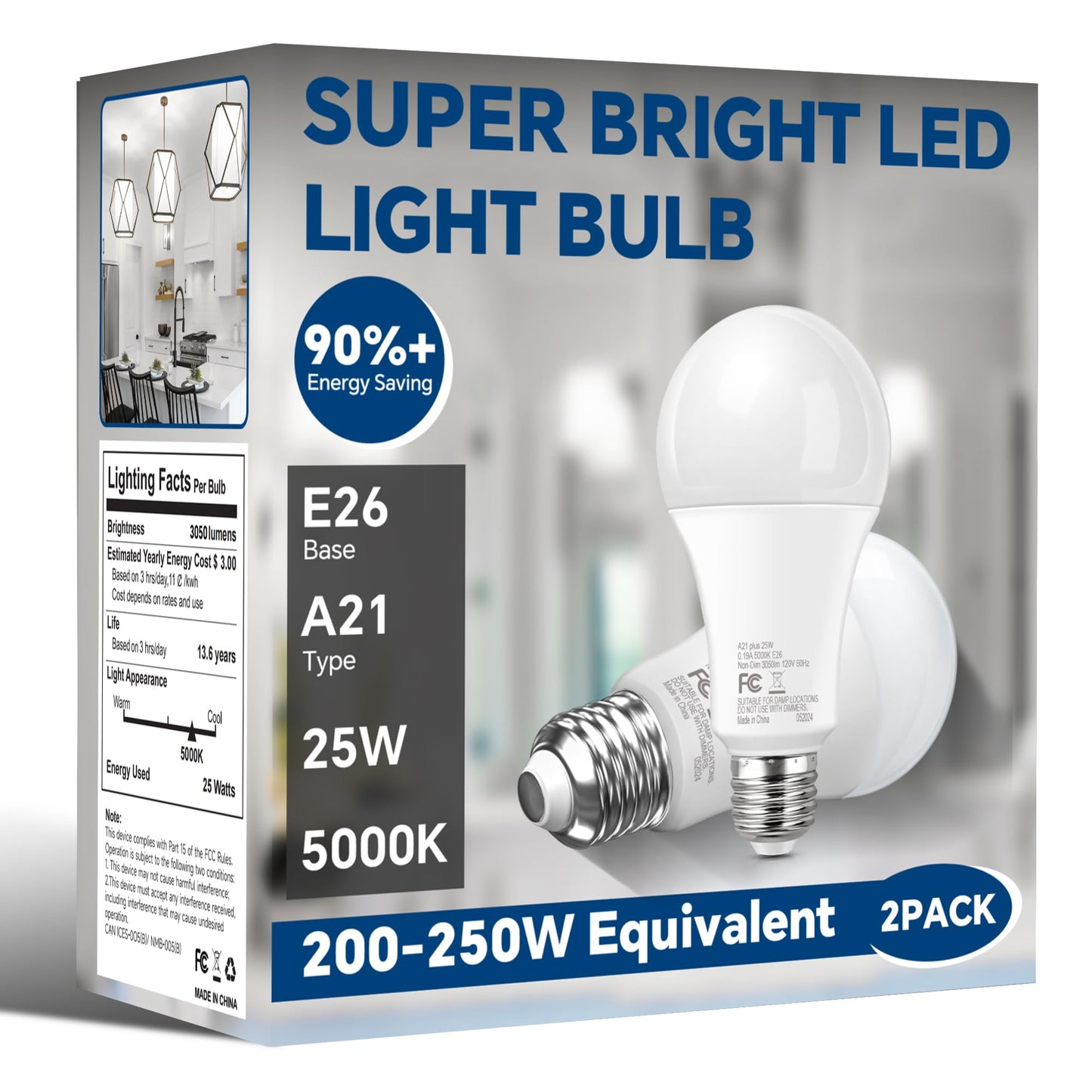 Nouscan 200-250W Equivalent LED Light Bulbs Daylight 5000K, 2 Pack, Non-Dim