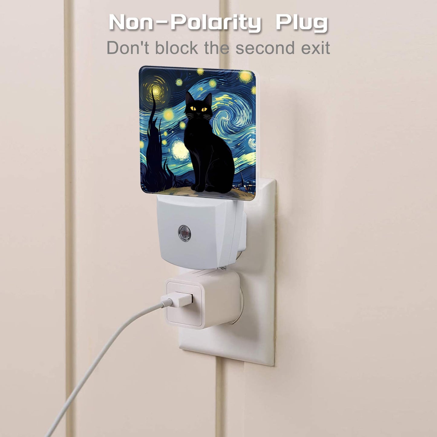sndheke Starry Night Black Cat Night Light Plug into Wall, Abstract Oil Painting Dusk to Dawn Night Light Plug in,0.5w Energy Saving Sleep Friendly