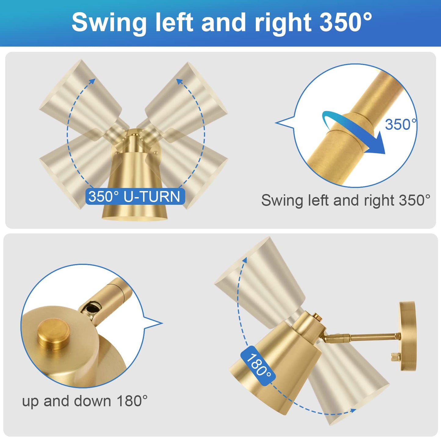 VATONI Plug in Wall Sconces, Dimmable Wall Sconces Adjustable Angle Wall Lights with Plug in Cord and Dimmer On/Off Knob Switch, Gold Wall Mounted