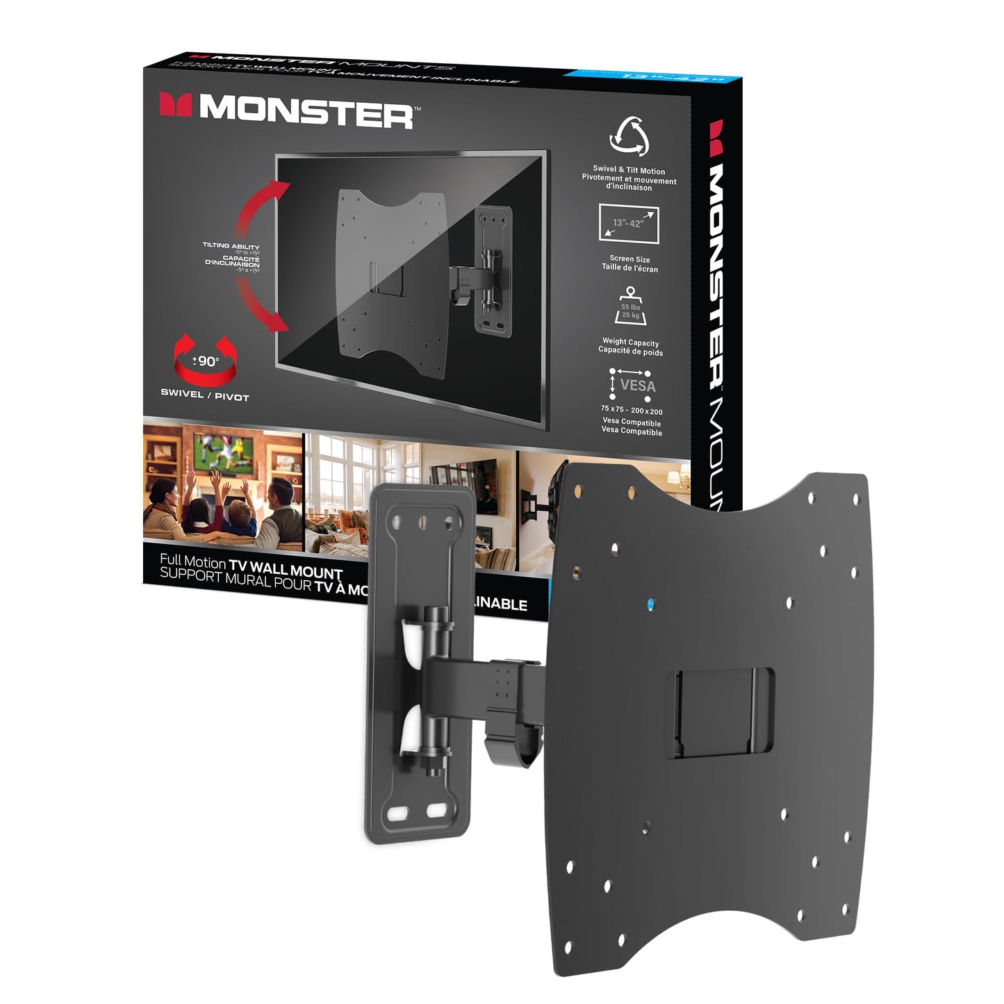 Monster Full Motion TV Mount for 13”-42” TVs up to 55 Lbs., Flat Panel Swivel and Tilt Television Mount, Heavy Gauge Steel Construction, Tilts 5°