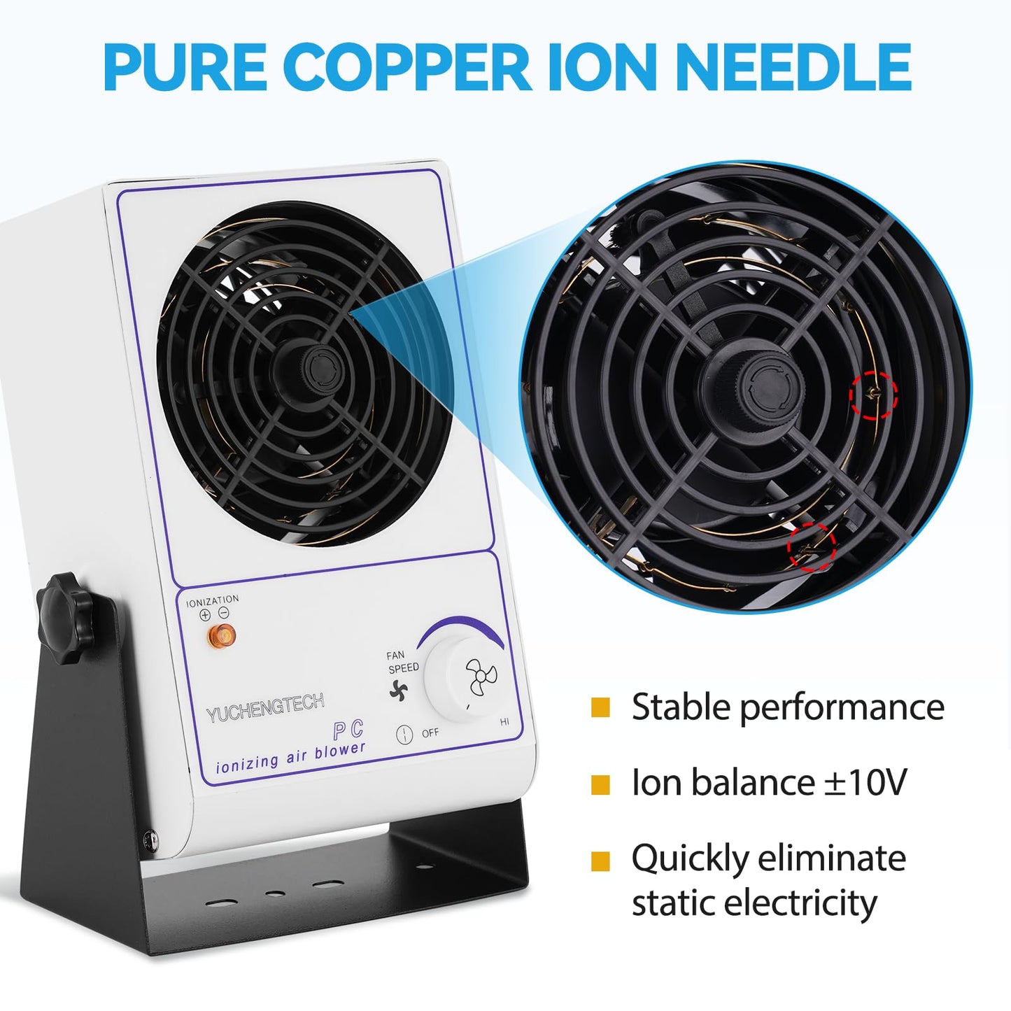 YUCHENGTECH Ionizing Air Blower Static Eliminator Fan Desktop Ionizer Air Blower with Detachable Cord ESD Ionizer Electrostatic Discharge Fan 110V