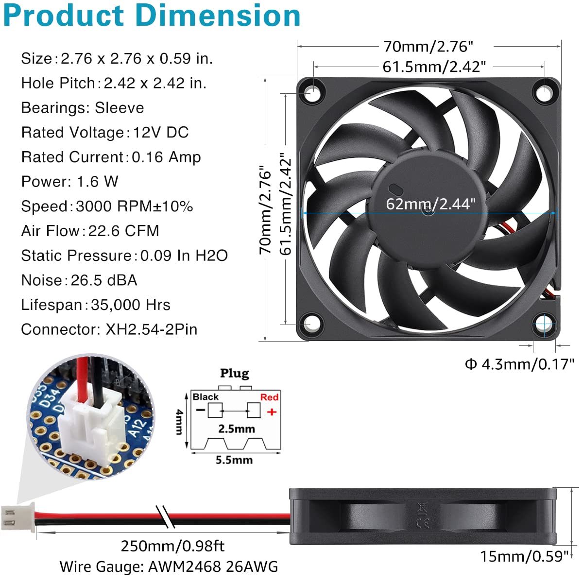 GDSTIME 70mm x 70mm x 15mm 12v Brushless DC Cooling Fan 2Pin 2-Pack