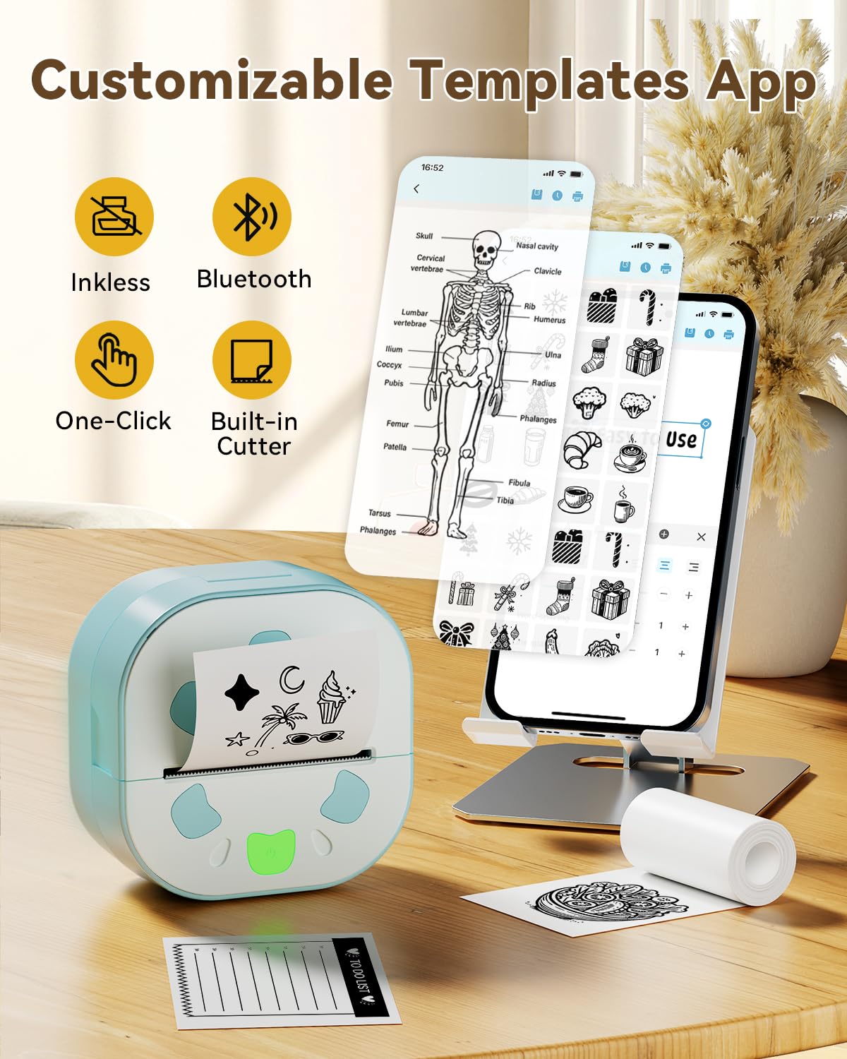 NDYIN Sticker Printer, PrintPods Mini Printer, Bluetooth Portable Sticker Maker with 3 Rolls Paper, Print Pod Inkless Thermal Printer for iPhone