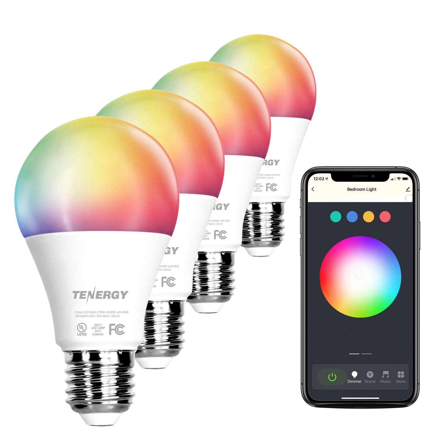 Tenergy Smart WiFi LED Light Bulb A19, 4 Pack