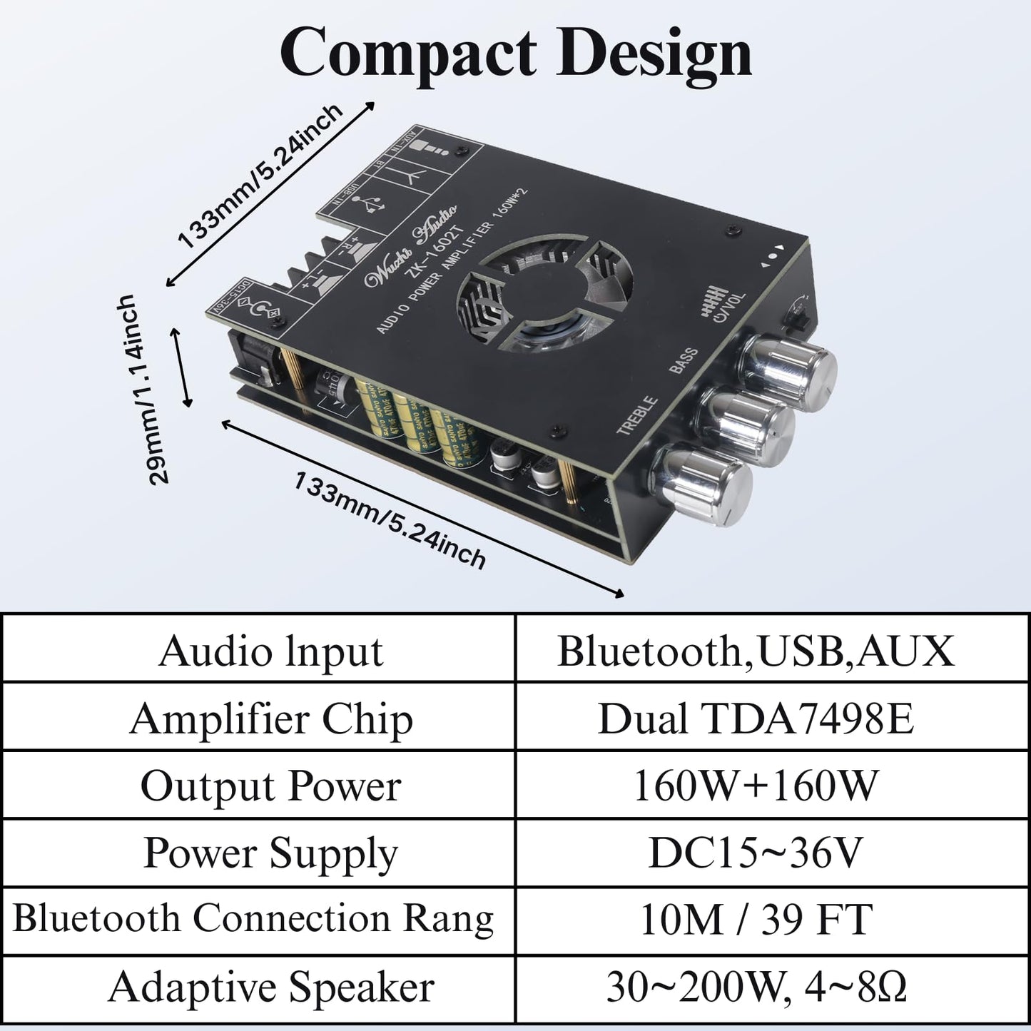 Audio Amplifier Board, 160W+160W 2.0 Channel Amp Board with Treble and Bass Control, ZK-1602T Bluetooth 5.0 Amplifier Board, Stereo Mini Amplifier