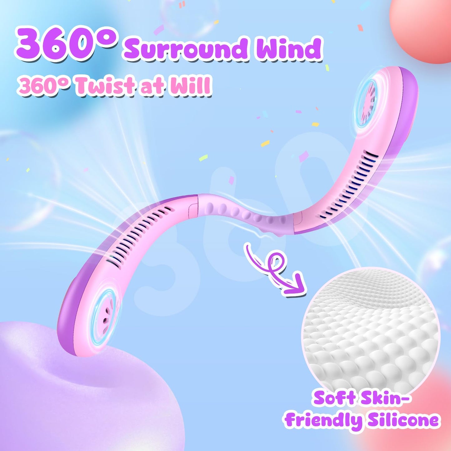 Kids Portable Neck Fan, Bladeless Fan for Kids, Safe Kids Rechargeable Cooling Fan for 4-14Y Girls, 2600mAh Personal Fans for Your Neck, 4 Speeds