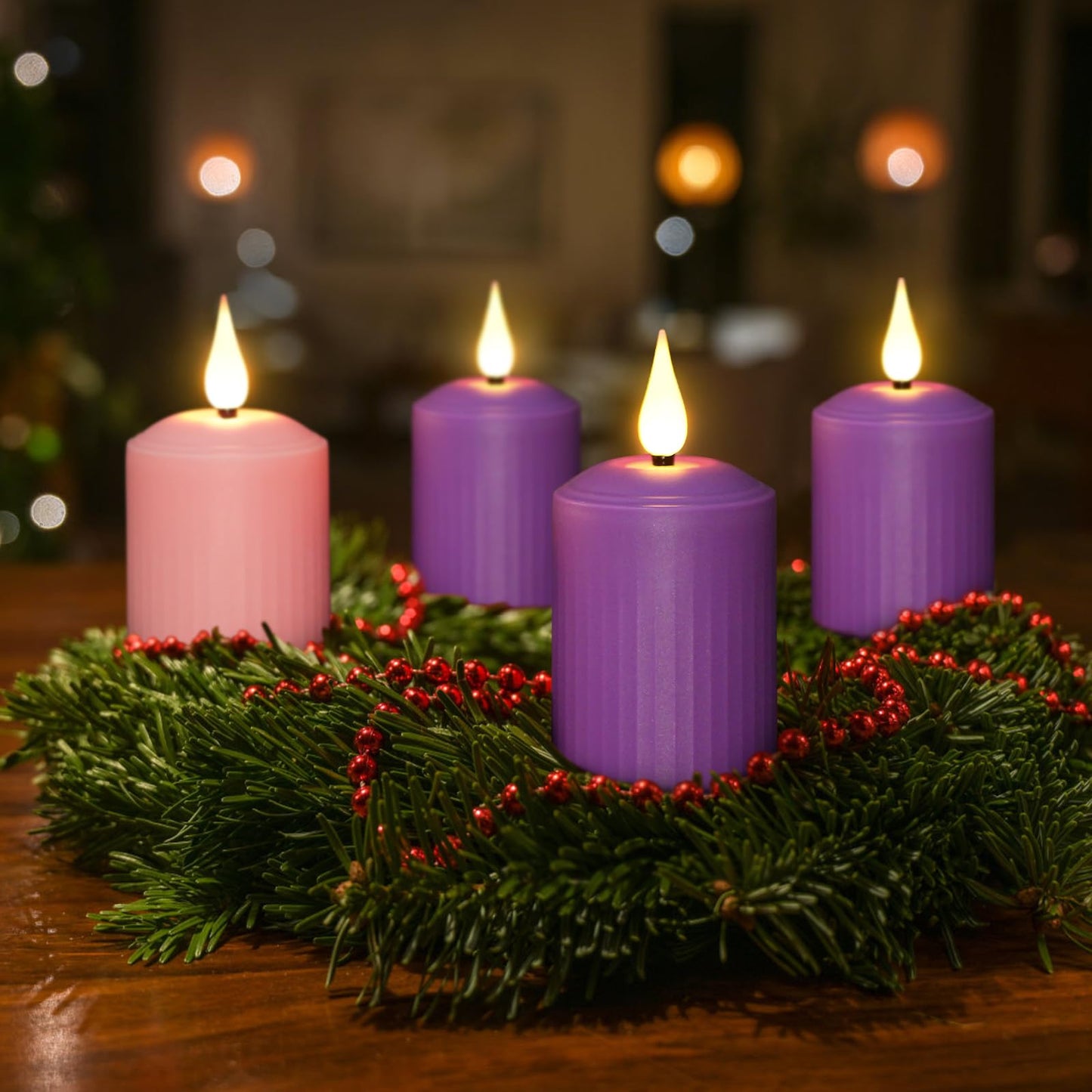 Daord D2 x H4 Advent LED Candles Set of 4 Christmas LED Flameless Pillar Candle 3 Purple and 1 Pink for Advent Rituals Festival and Special Occasions