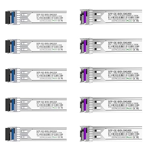 5 Pair 1.25G BiDi SFP Fiber Transceiver Module, 1000BASE-BX-D, Single-Mode Simplex LC, Tx/Rx 1490nm/1310nm, DDM, SMF, Compatible with Cisco