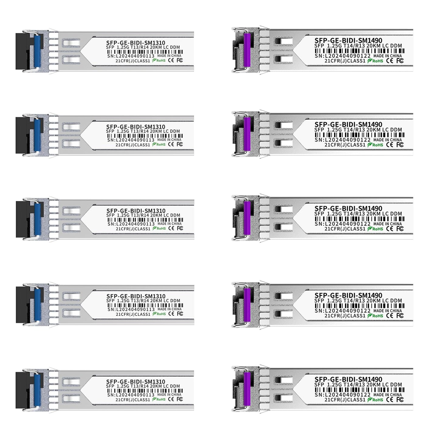 5 Pair 1.25G BiDi SFP Fiber Transceiver Module, 1000BASE-BX-D, Single-Mode Simplex LC, Tx/Rx 1490nm/1310nm, DDM, SMF, Compatible with Cisco