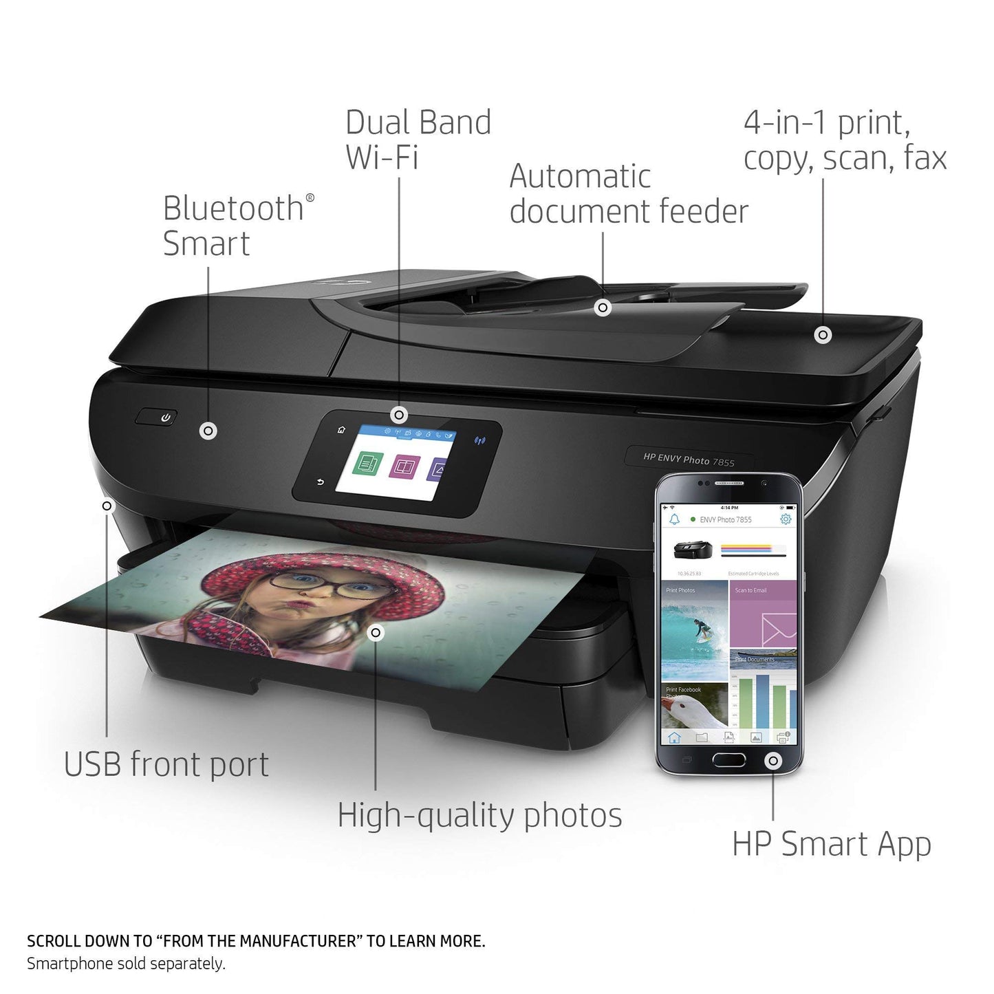 HP ENVY Photo 7855,Ccolor All In One Photo Printer with Wireless Printing, Instant Ink Ready (K7R96A) (Renewed)