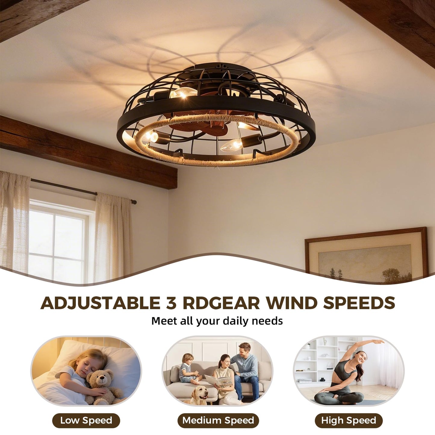 Merexcint 20" Rattan Ceiling Fan with Light and Remote, Black Ceiling Fan Rustic Flush Mount Bladeless Ceiling Fan Low Profile, Small Farmhouse Caged