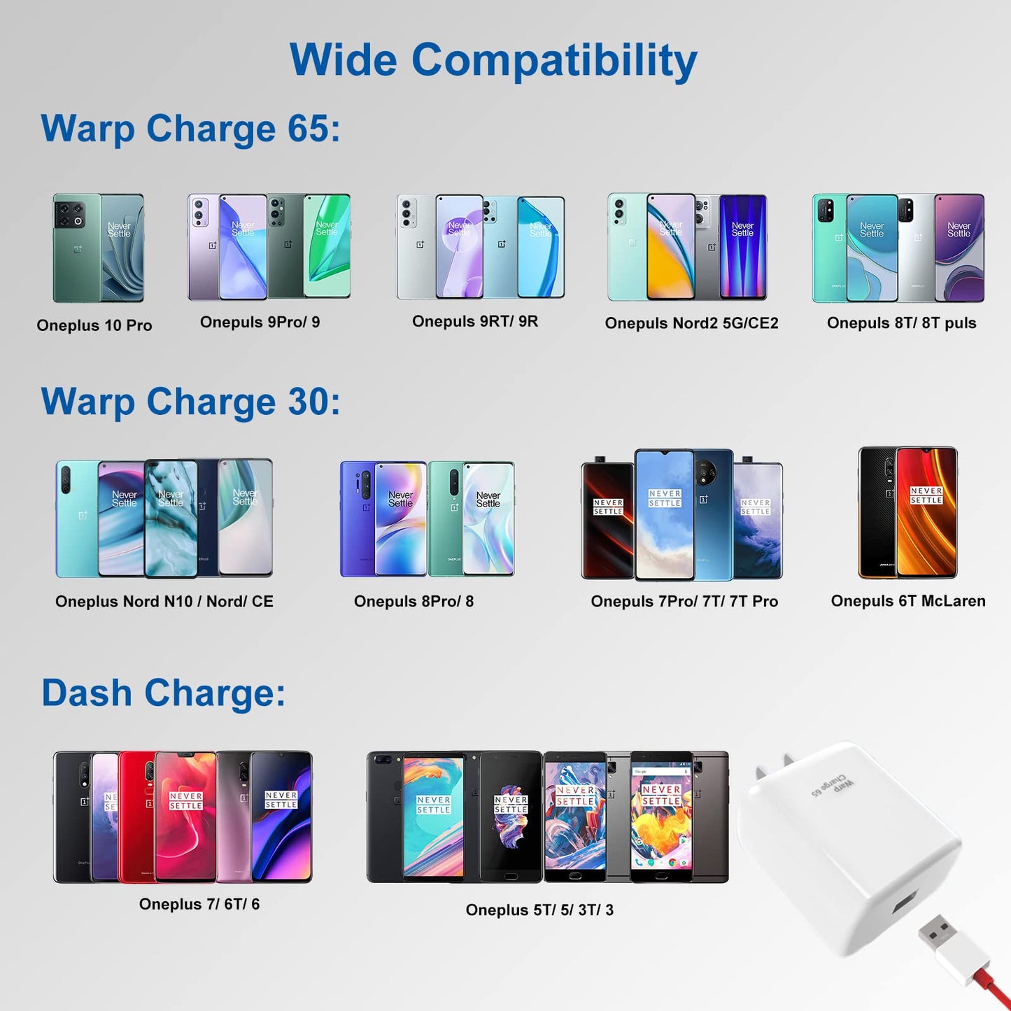 OnePlus 65W Warp Charger for OnePlus 9R/9RT/9/9 Pro/Nord 2 5G/8T Fast Charge Power Adapter with 3.3 ft USB C Cable