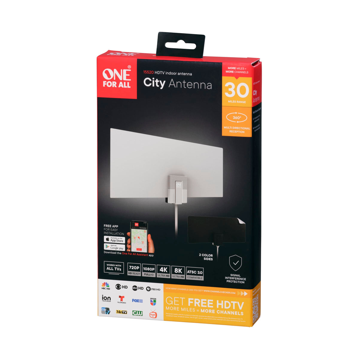 One for All 15520 Indoor HDTV Antenna, 30-Mile Range, 10 ft Cable, Two-Tone