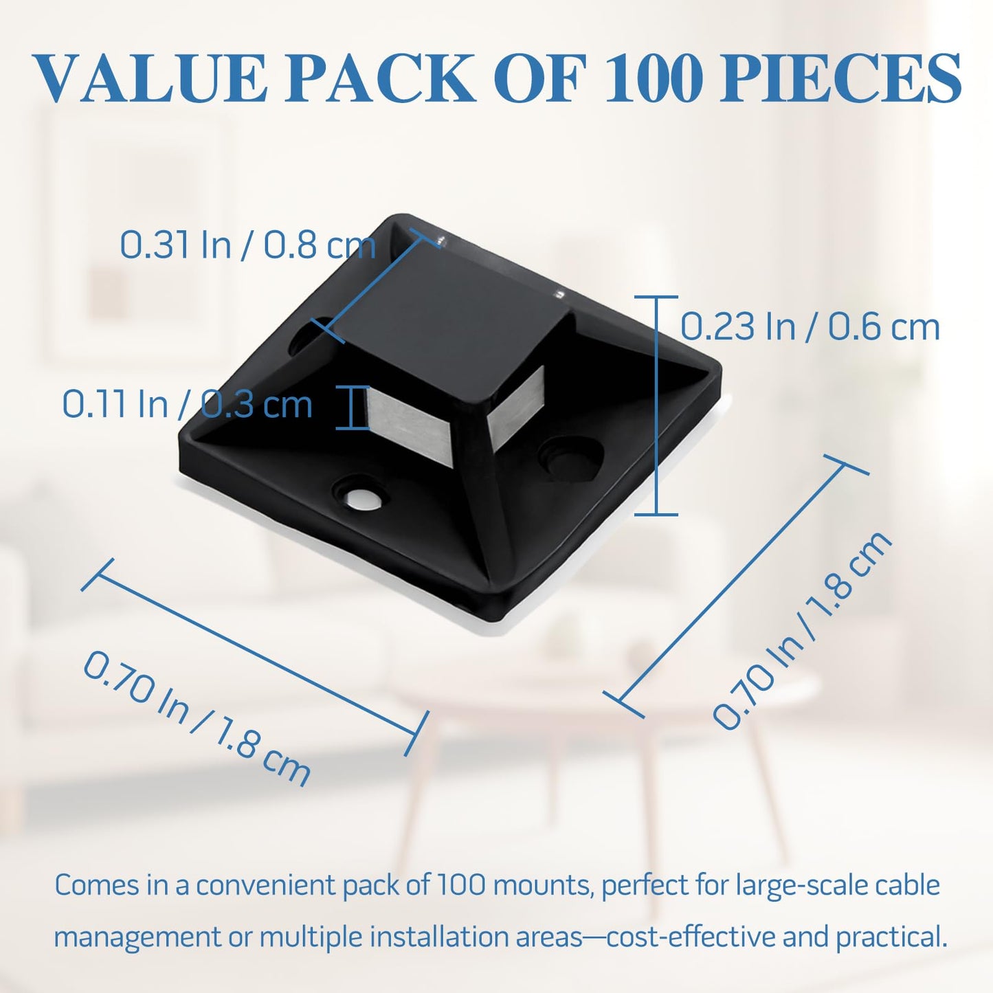 100-Pack Black Self-Adhesive Cable Zip Tie Mounts - Nylon Wire Clips and Anchor Holders for Cord Management in Home, Car & Office