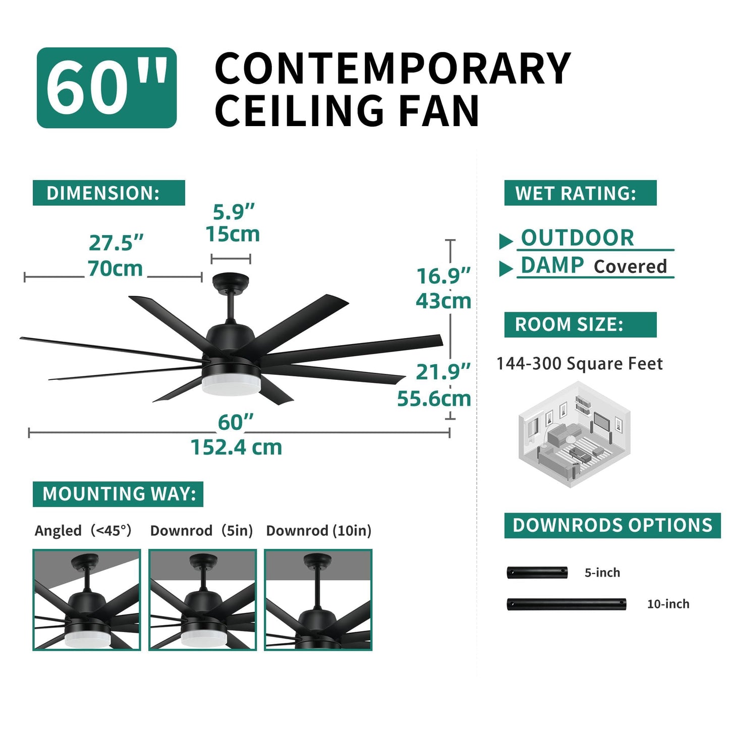 YITAHOME Black Ceiling Fan 60 Inch with Lights and Remote