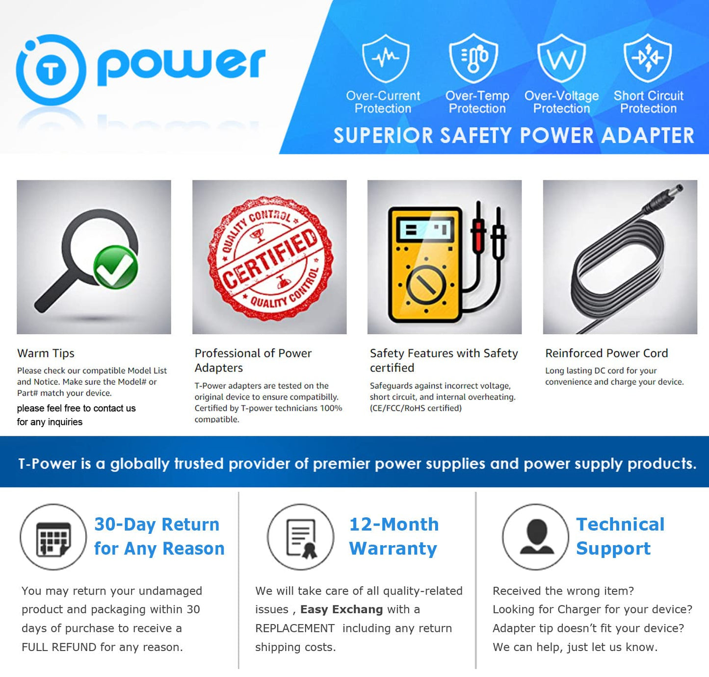 T-Power 12V Charger for Jensen RV Direct ACDC1911 FPE1909DVD Converter 19"-26" Jensen LED TVs & JE1909 JE1911 JE1512LED JE1912LED JE2212LED JE2412LED…